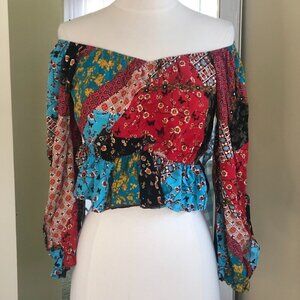 Off Shoulder Ruffle Patchwork Ruffle Crop Top Large